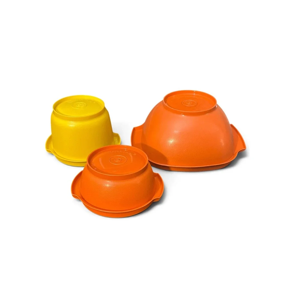 Vintage Tupperware Harvest Orange & Yellow Nesting Bowl Lot with Sunburst Lid